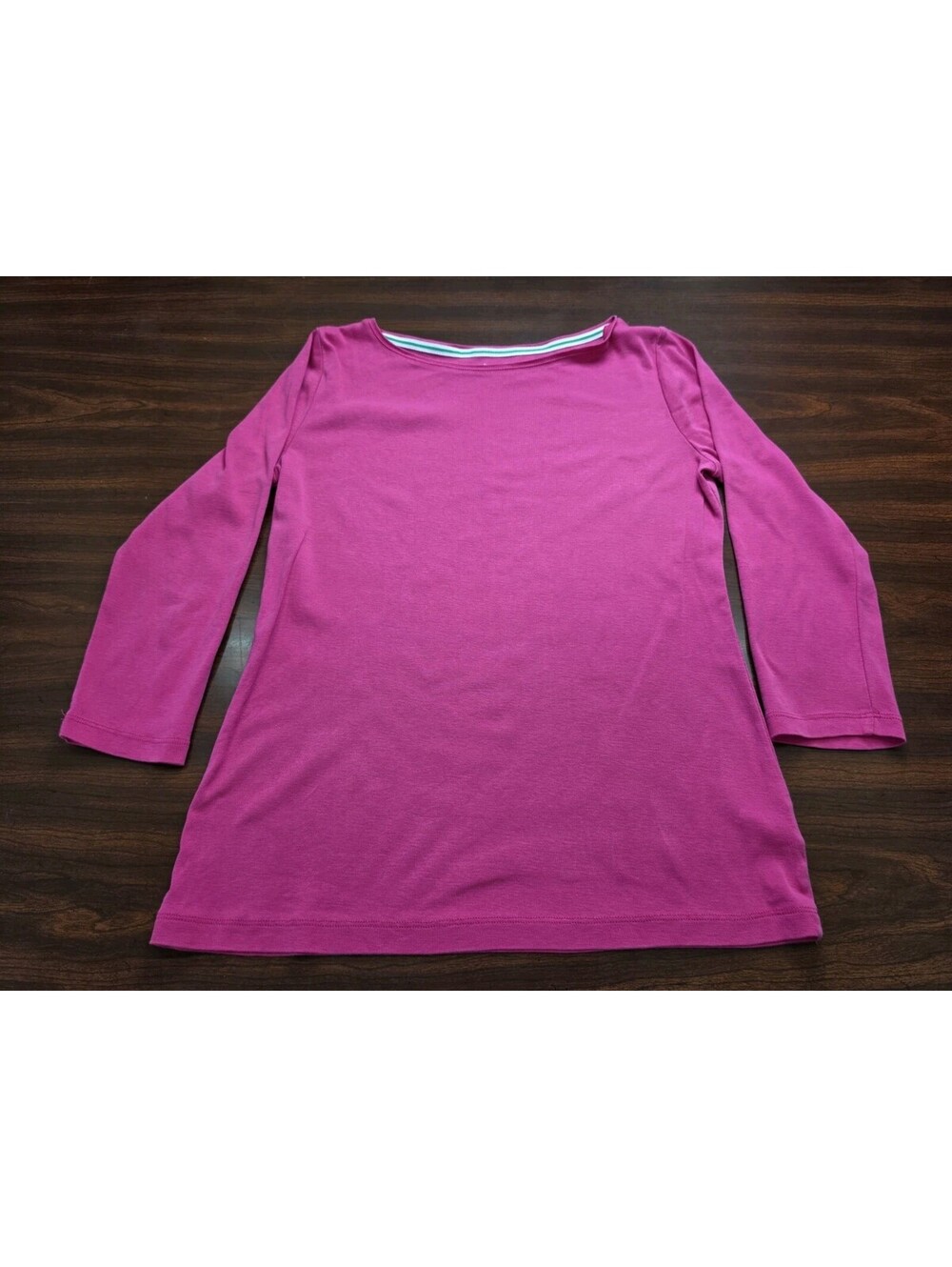 Talbots 100% Pima Cotton Small Pink Tee Long Sleeve Striped Trim Minimalist Top